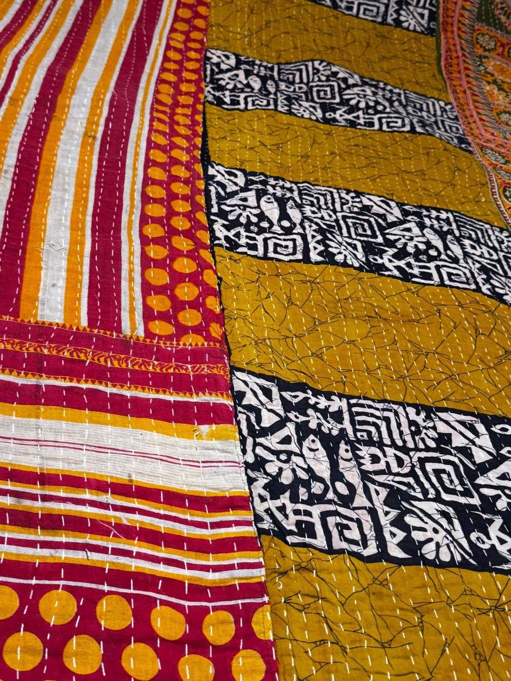 Handcrafted Yellow and Pink Cotton Kantha Quilt - Unbranded